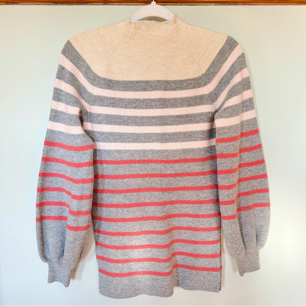 The Loft Striped Mock Neck Blousen Women's Sweater in Gray, Cream & Coral
